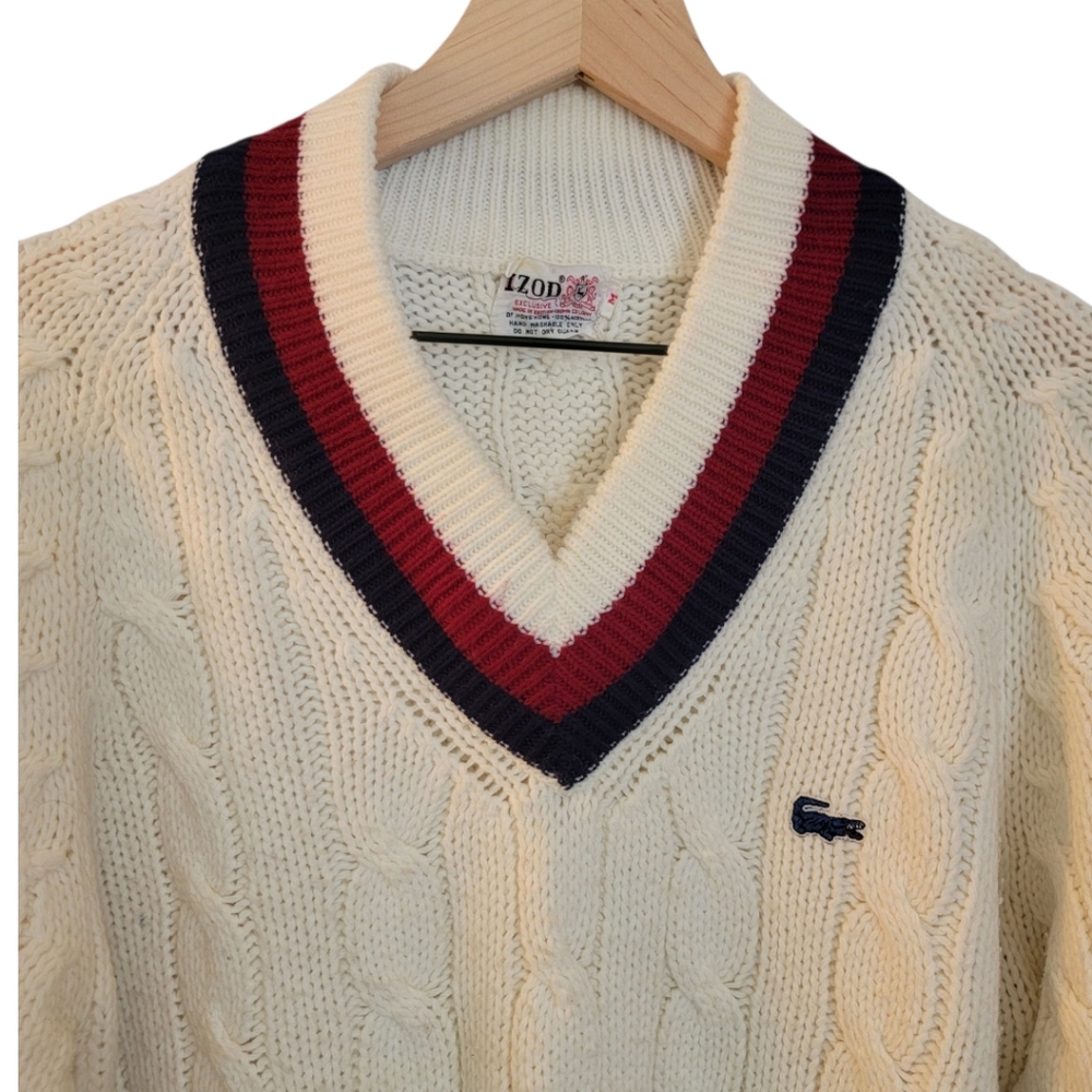 Vintage 1980's Izod Lacoste Mens Tennis Sweater Chunky Cable Knit Cricket M - Picture 2 of 11